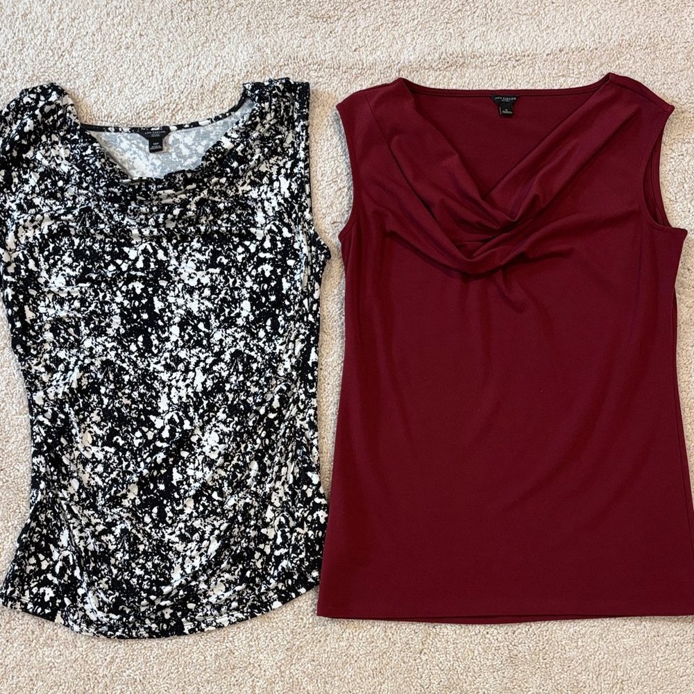 Ann Taylor Black and White Floral Blouse and Burgundy Sleeveless Top